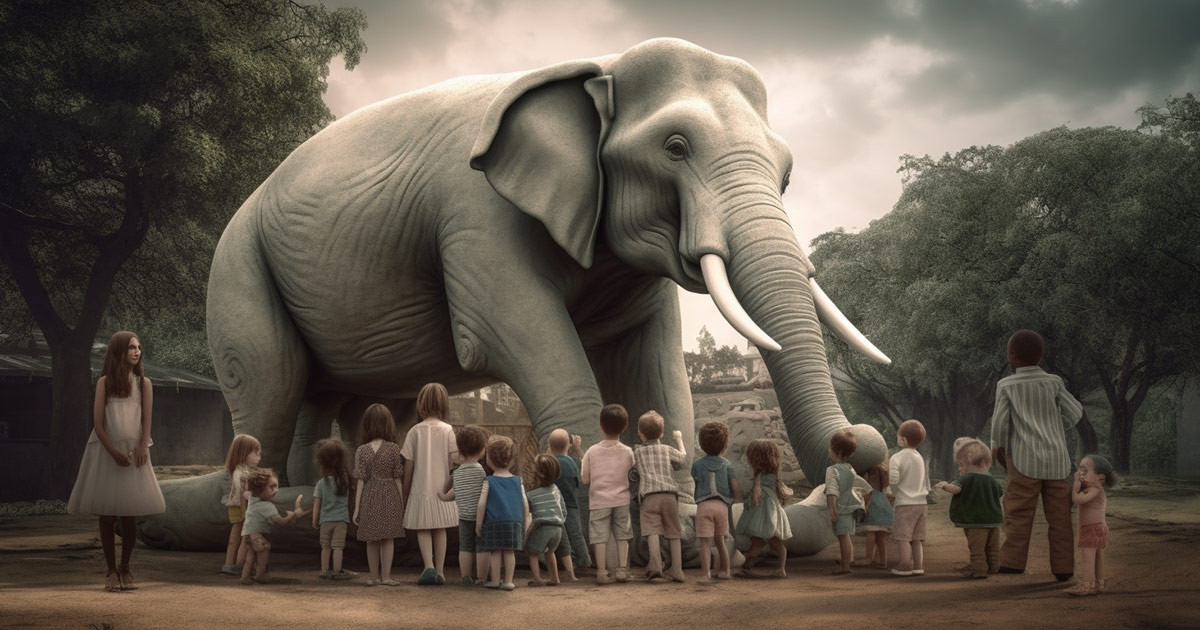 Большой белый слон стоит на детской площадке, рядом стоят 15 испуганных маленьких детей