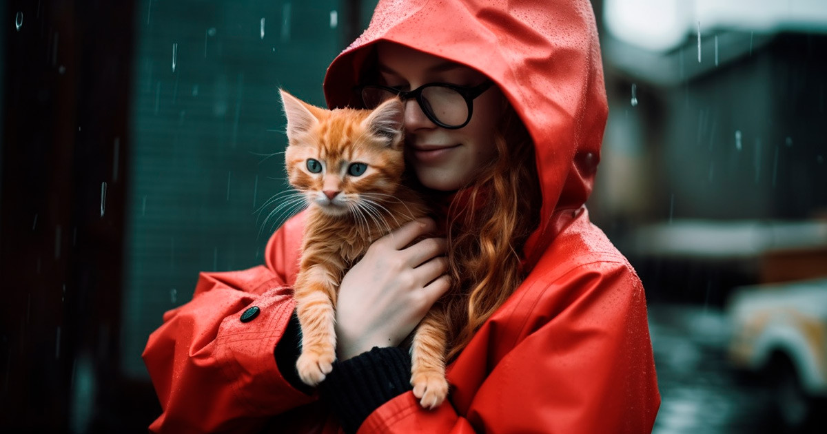 Девочка в куртке с капюшоном и в резиновых сапогах стоит под дождем и держит на руках мокрого рыжего котенка 
