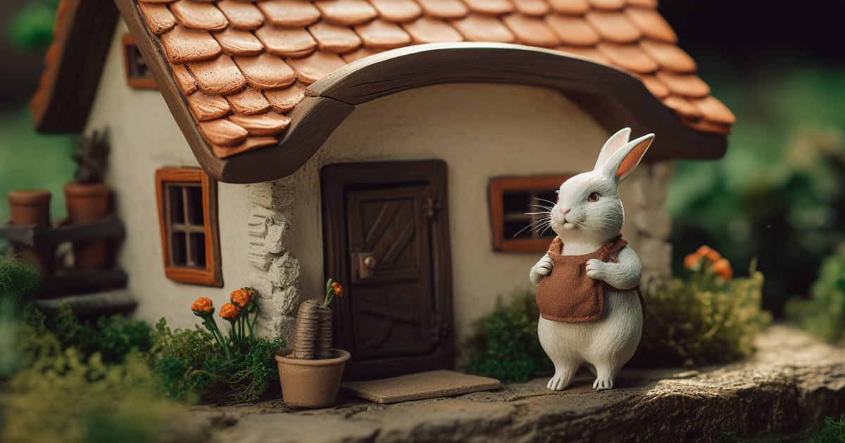 Маленький зайчик стоит возле глиняного домика с крышей и окном и разговаривает с радостным добрым гномиком