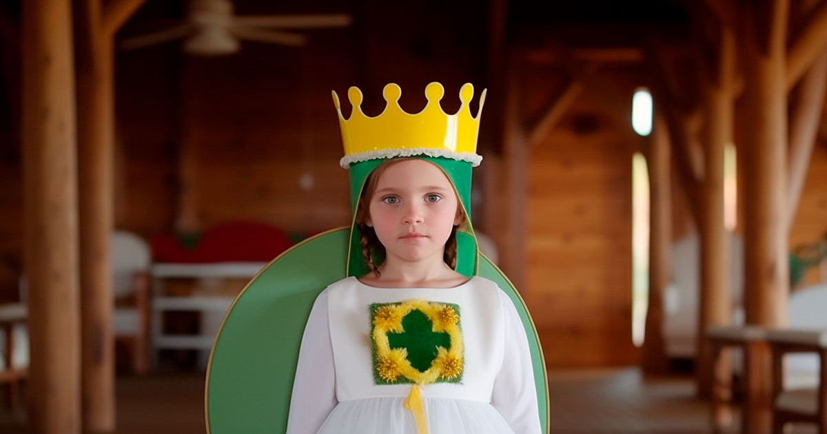 На детской площадке стоит маленькая девочка в зеленых туфельках, белых носочках, белом платье с зелеными кружочками, с маленькой короной на голове