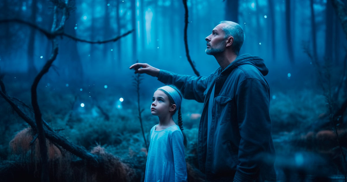 Славянский мужчина и его дочка стоят в лесу на болоте и смотрят на синие огоньки в воздухе