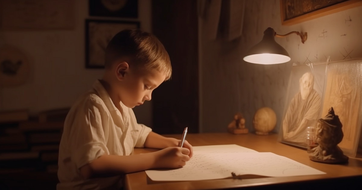 Маленький мальчик в белой рубашке сидит за столом, и переписывает из книги текст в тетрадь карандашом. На стене перед мальчиком висит небольшой портре