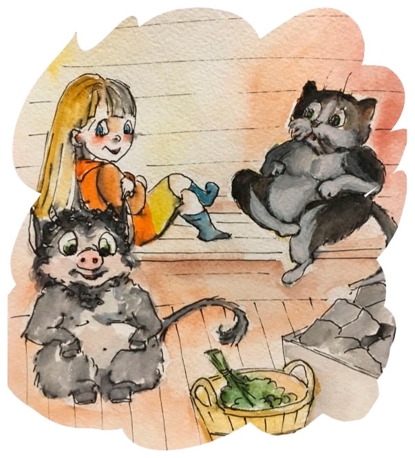 Настя, кот Феликс и черт Васька сидят в бани и обсуждают новости